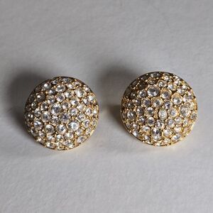 Vintage Swarovski Pave Crystal Round Dome Gold Tone Clip-On Earrings 80s Glam
